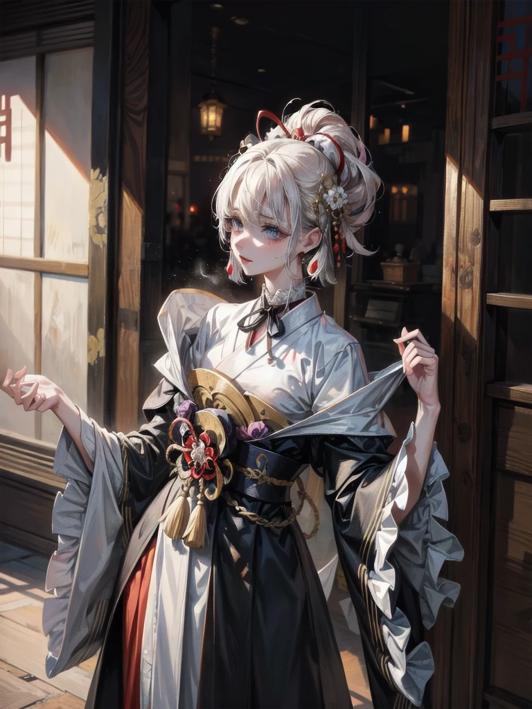 whole body, Anime character, aristocrat robe, kimono, haori, Taisho Era, Taisho Modern, absurdres, RAW photo, extremely delicate and beautiful, masterpiece, Best Quality, ultra high resolution, 32k, hyperrealistic, ultra-detailed, perfect figure, perfect shape, detailed description, pale skin, 20 years old, detailed beautiful face and eyes, tearful mole, earring, short medium hair, wavy hair,