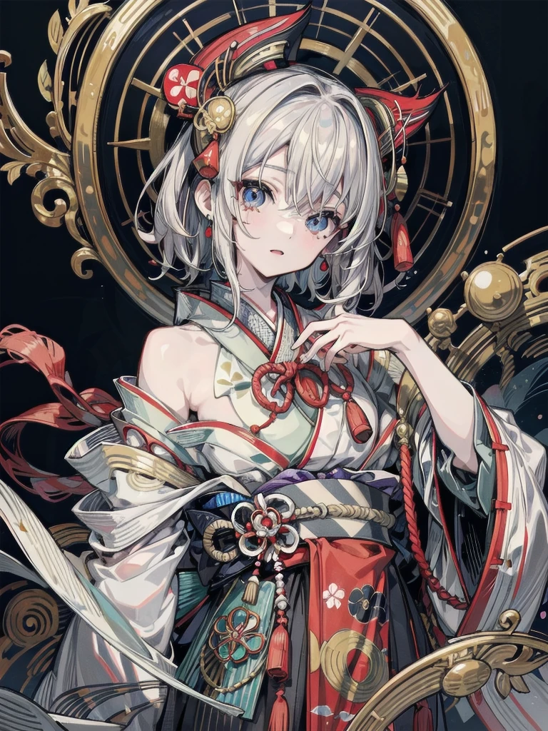 whole body, Anime character, aristocrat robe, kimono, haori, Taisho Era, Taisho Modern, absurdres, RAW photo, extremely delicate and beautiful, masterpiece, Best Quality, ultra high resolution, 32k, hyperrealistic, ultra-detailed, perfect figure, perfect shape, detailed description, pale skin, 20 years old, detailed beautiful face and eyes, tearful mole, earring, short medium hair, wavy hair,