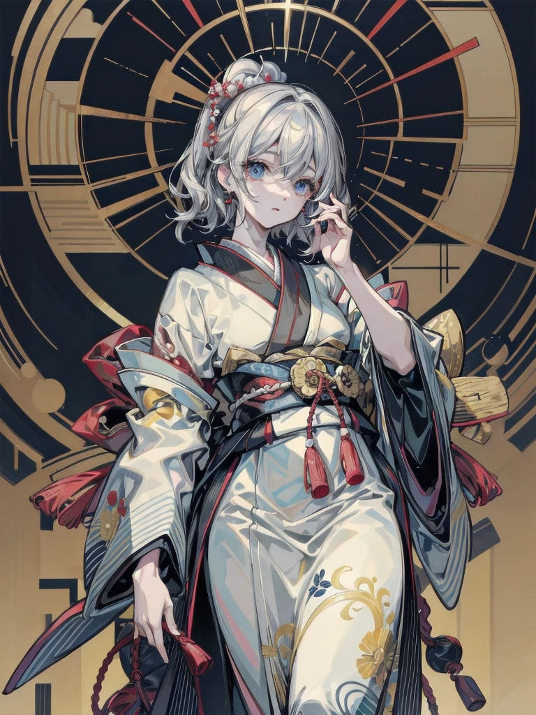 whole body, Anime character, aristocrat robe, kimono, haori, Taisho Era, Taisho Modern, absurdres, RAW photo, extremely delicate and beautiful, masterpiece, Best Quality, ultra high resolution, 32k, hyperrealistic, ultra-detailed, perfect figure, perfect shape, detailed description, pale skin, 20 years old, detailed beautiful face and eyes, tearful mole, earring, short medium hair, wavy hair,