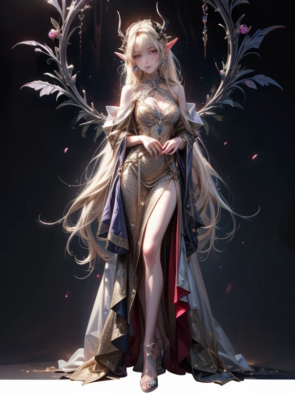 (anime face) (complex clothing details) (best quality) (masterpiece) female adult elf with dark blonde hair wearing a beautiful glowing dress with demonic Accessoires and gemstones and silver armor details, wearing a beautiful glowing dress with demonic Accessoires and gemstones and black silver armor details, demon horns, purple armor, full body, wizard dress, elven dress
