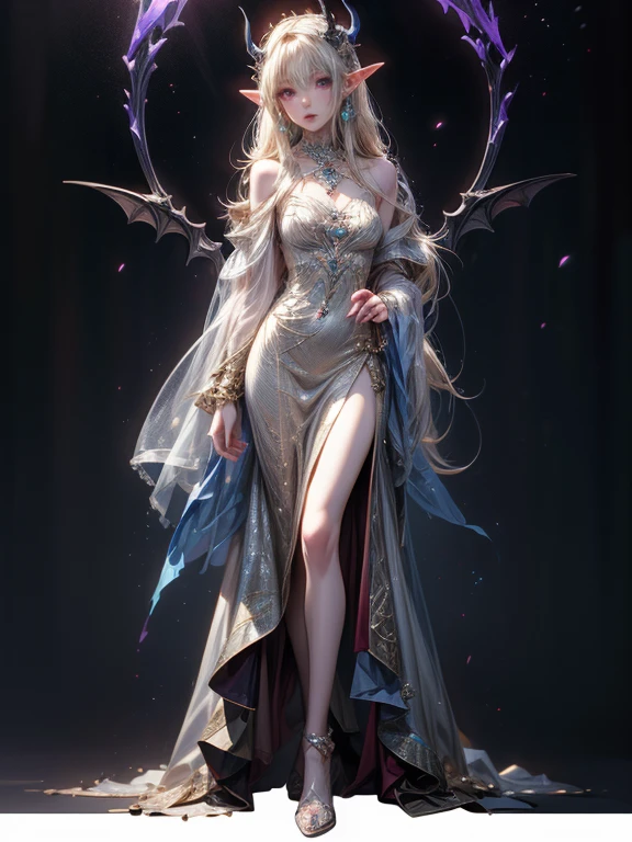 (anime face) (complex clothing details) (best quality) (masterpiece) female adult elf with dark blonde hair wearing a beautiful glowing dress with demonic Accessoires and gemstones and silver armor details, wearing a beautiful glowing dress with demonic Accessoires and gemstones and black silver armor details, demon horns, purple armor, full body, wizard dress, elven dress