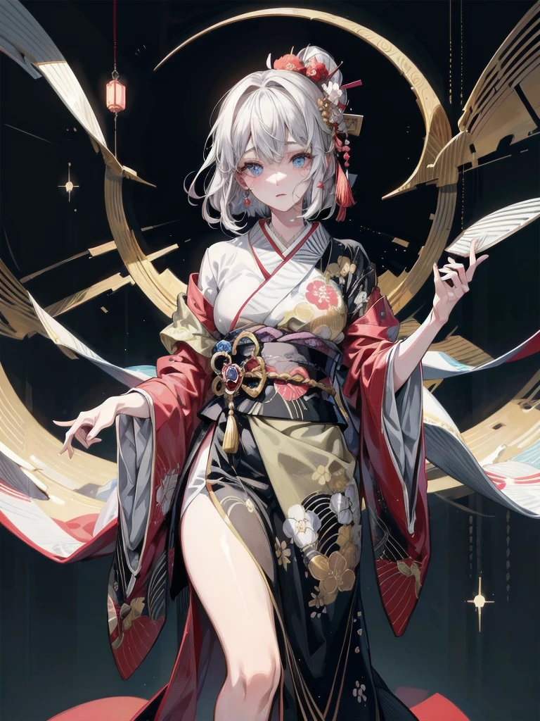 whole body, Anime character, aristocrat robe, kimono, haori, Taisho Era, Taisho Modern, absurdres, RAW photo, extremely delicate and beautiful, masterpiece, Best Quality, ultra high resolution, 32k, hyperrealistic, ultra-detailed, perfect figure, perfect shape, detailed description, pale skin, 20 years old, detailed beautiful face and eyes, tearful mole, earring, short medium hair, wavy hair,