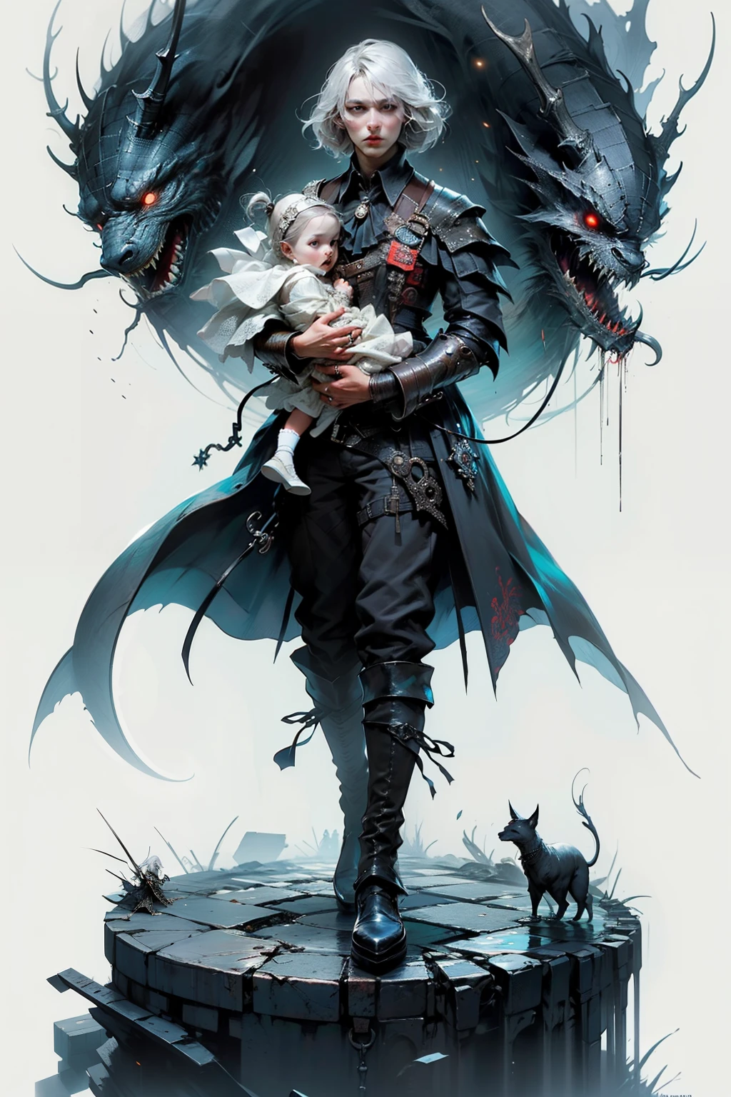 ((best quality)), ((masterpiece)), (detailed), perfect face, a mother cradling her , a knight, white background, plain background, Bloodborne inspired, Bloodborne attire, occult aesthetic, occult, red and white clothing detailed and intricate steampunk and detailed gothic, long coat, Complex laced boots, Silver hair swaying in the wind, white background, Very dramatic and cinematic lighting, full body, whole body, body, cosmic horror, grim dark, a mother cradling her , mother, , mother