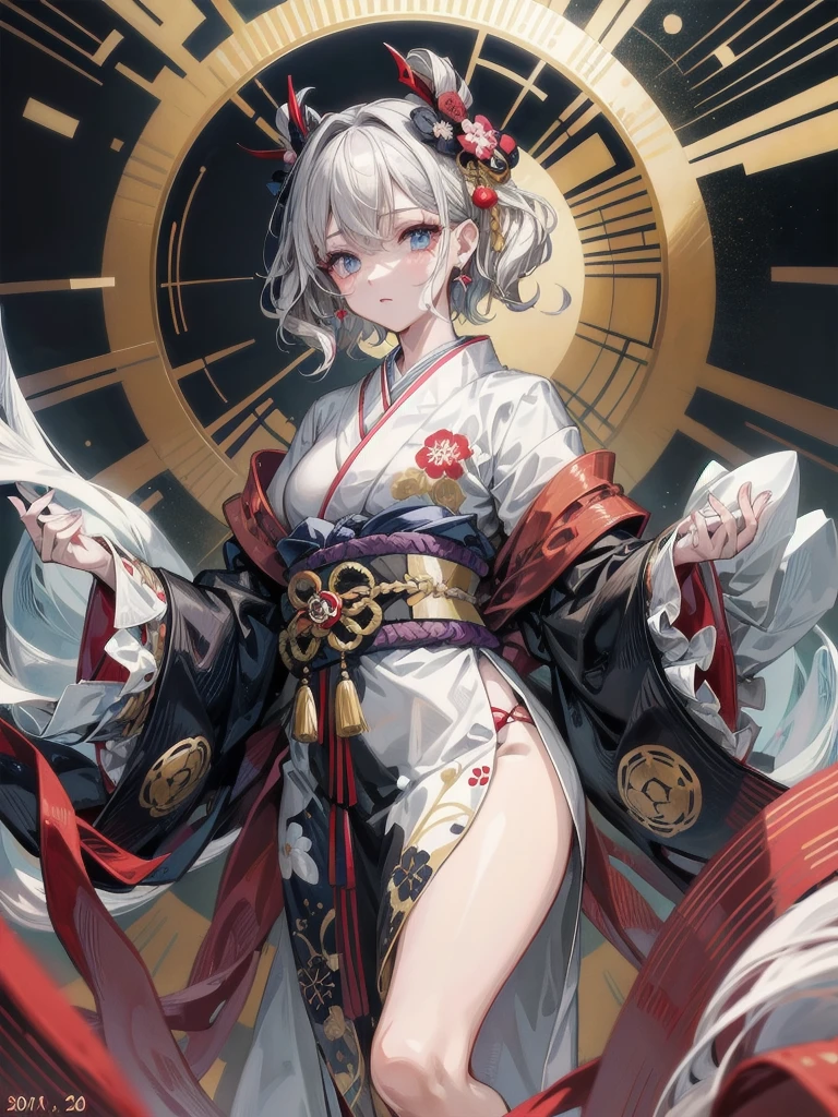 whole body, Anime character, aristocrat robe, kimono, haori, Taisho Era, Taisho Modern, absurdres, RAW photo, extremely delicate and beautiful, masterpiece, Best Quality, ultra high resolution, 32k, hyperrealistic, ultra-detailed, perfect figure, perfect shape, detailed description, pale skin, 20 years old, detailed beautiful face and eyes, tearful mole, earring, short medium hair, wavy hair,