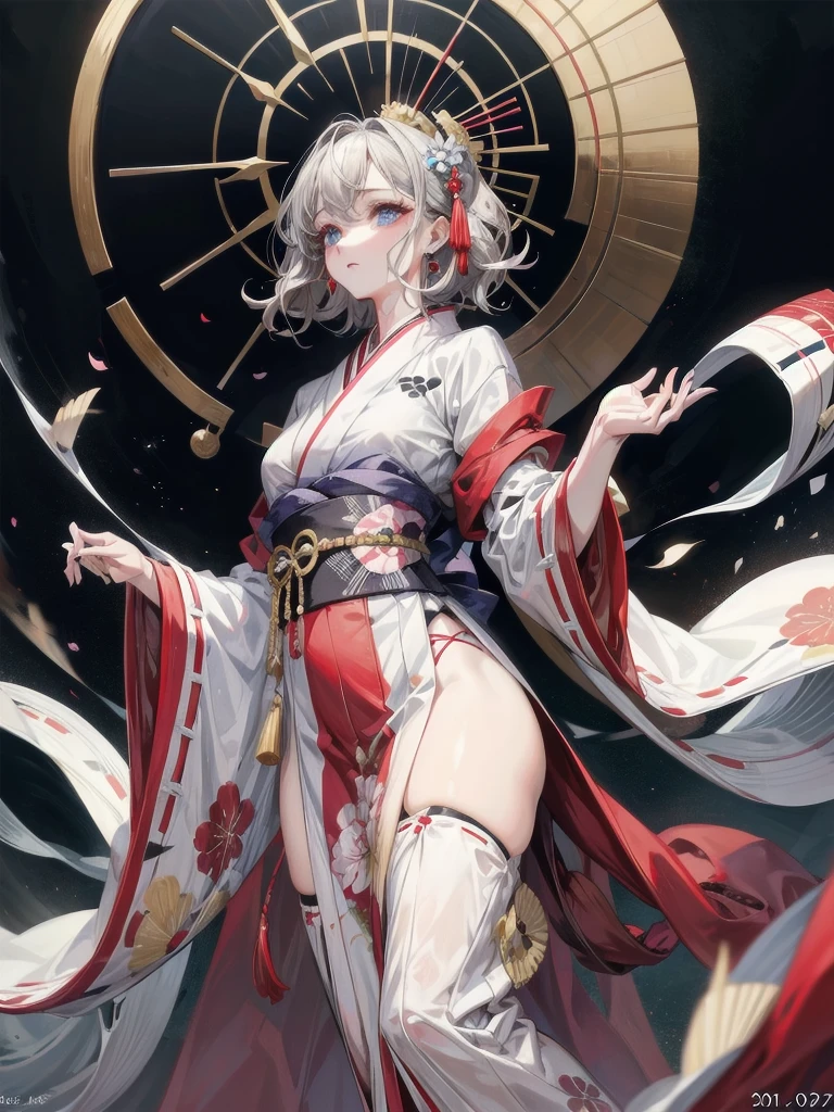 whole body, Anime character, aristocrat robe, kimono, haori, Taisho Era, Taisho Modern, absurdres, RAW photo, extremely delicate and beautiful, masterpiece, Best Quality, ultra high resolution, 32k, hyperrealistic, ultra-detailed, perfect figure, perfect shape, detailed description, pale skin, 20 years old, detailed beautiful face and eyes, tearful mole, earring, short medium hair, wavy hair,