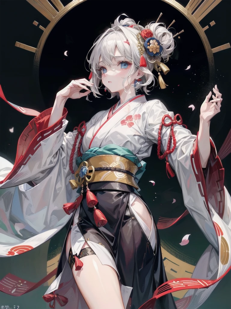 whole body, Anime character, aristocrat robe, kimono, haori, Taisho Era, Taisho Modern, absurdres, RAW photo, extremely delicate and beautiful, masterpiece, Best Quality, ultra high resolution, 32k, hyperrealistic, ultra-detailed, perfect figure, perfect shape, detailed description, pale skin, 20 years old, detailed beautiful face and eyes, tearful mole, earring, short medium hair, wavy hair,