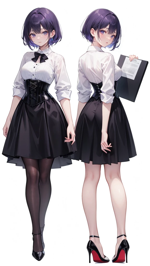 Purple Hair,short hair,Adult female,(suit),White Y-shirt,((Rolling up his sleeves)),(corset),(Black tight skirt),(High heels),Heels are visible,((Simple white background)),smile,((whole body)),((full body)),Character Sheet,