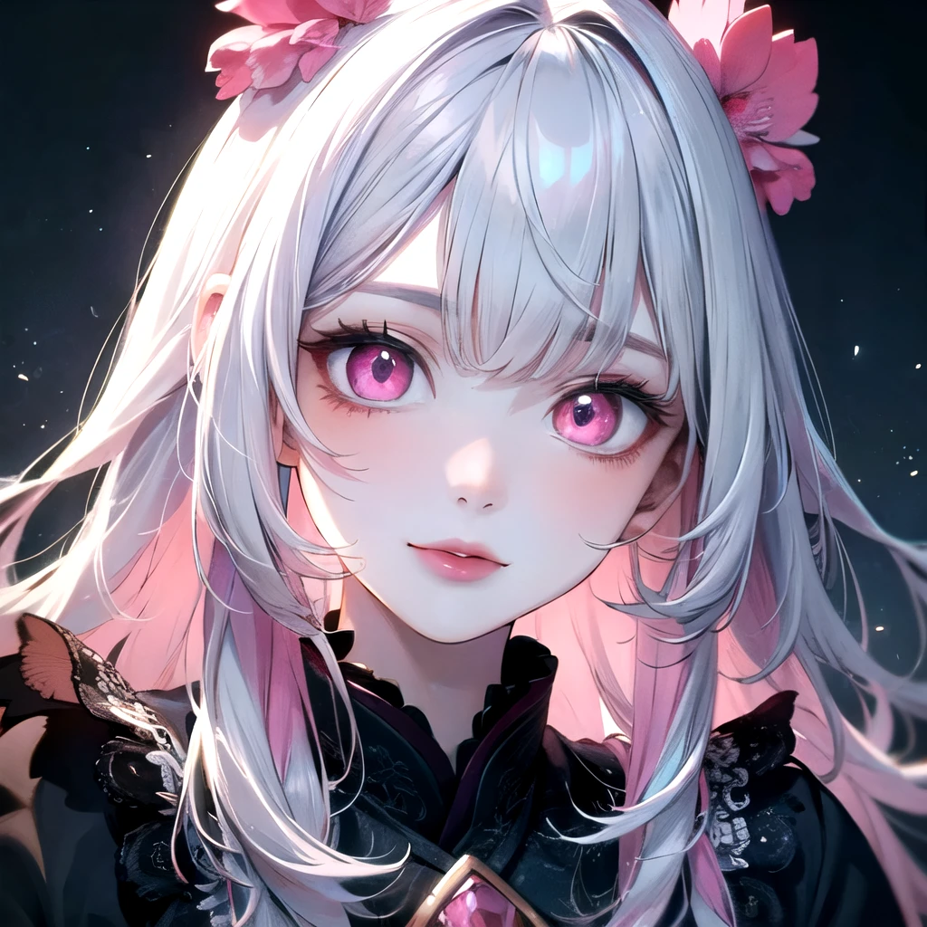 ((best quality)), ((masterpiece)), (detailed), perfect face. Asian girl. White hair. Pink eyes. Inner pink hair. Glowing eyes.