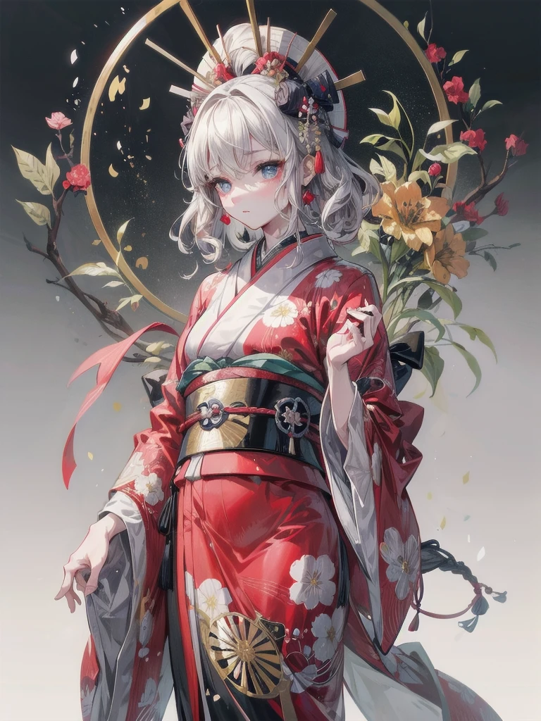 whole body, Anime character, aristocrat robe, kimono, haori, Taisho Era, Taisho Modern, absurdres, RAW photo, extremely delicate and beautiful, masterpiece, Best Quality, ultra high resolution, 32k, hyperrealistic, ultra-detailed, perfect figure, perfect shape, detailed description, pale skin, 20 years old, detailed beautiful face and eyes, tearful mole, earring, short medium hair, wavy hair,