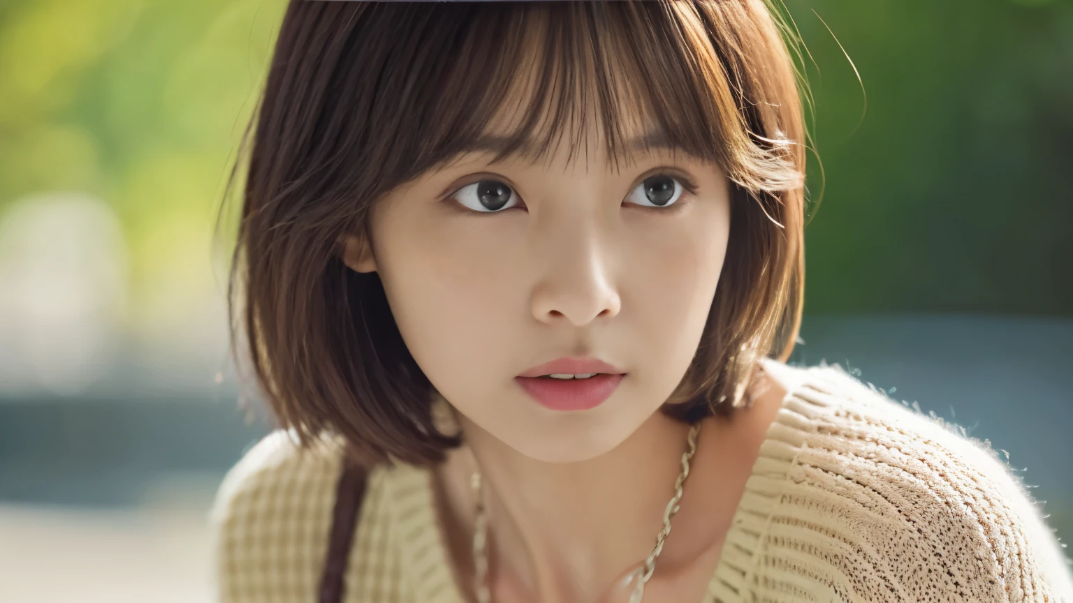 (highest quality、8k、32k、masterpiece、Hmph:1.2)、cute日本人女性の写真、Very short bob hair、Upper Body、Surface Focus、Extra Large_sweater、necklace、Cafe Background、Viewer&#39;s gaze x4、(8k、RAW Photos、highest quality、masterpiece:1.2)、(Realistic、Photorealistic:1.37)、1 girl、cute、Professional Lighting、Photon Mapping、Physically Based Rendering、Gradient brunette hair、Short Curly Hair、good looking、Excellent image quality、High resolution、1080p、(Beautiful face)、(Detailed facial depiction)、(Detailed Hand Explanation)、(Masseter muscle area)、(Detailed CG)、 Extreme light and shadow、Dirty hair、masterpiece、Rich details、(exquisite features)、(Best image quality)、(masterpiece)、(Detailed eyes)、Delicate clavicle、Mr.々A pose、Don&#39;Don&#39;t look at the camera、profile、Photo taken in a cafe、Spring Clothes、simple necklace、knit
