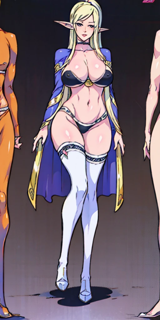 (masterpiece, best quality, plain background:1.2) full body standing height straight symmetrical looking to the viewer, view from below, cowboy shot, extremely long hair, ponytail, perfect anatomy 1girl tall solo, slim thick, ((muscular)) high elf toned body, silver breast plate, blue cape, slender abs, hourglass waist, detailed face, defined cheekbones, puffy lips, gauntlets, gold crown, shadow over eyes, white thigh highs lingerie