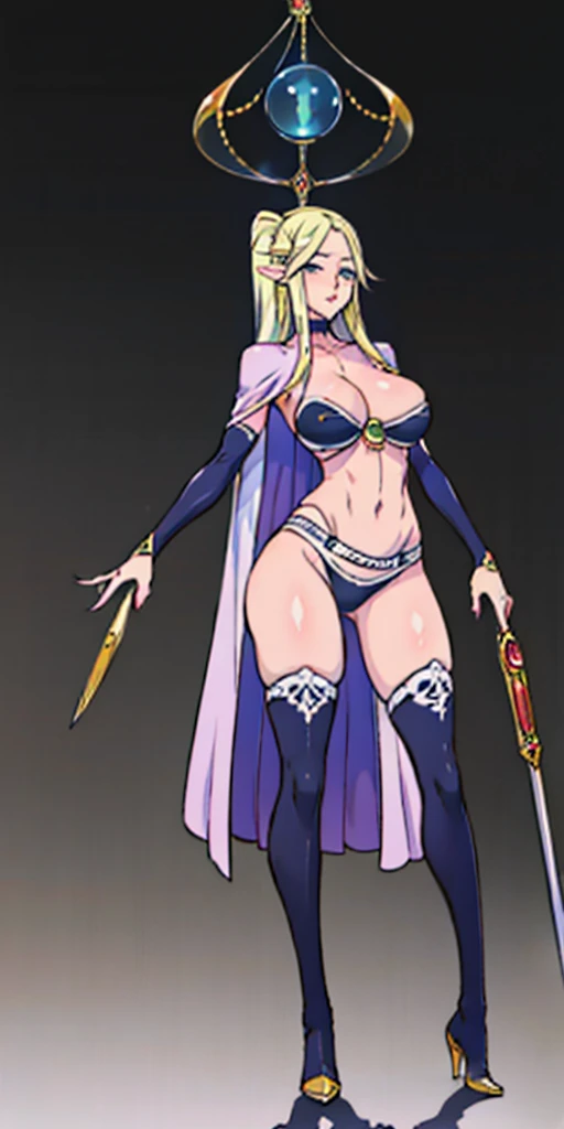 (masterpiece, best quality, plain background:1.2) full body standing height straight symmetrical looking to the viewer, view from below, cowboy shot, extremely long hair, ponytail, perfect anatomy 1girl tall solo, slim thick, ((muscular)) high elf toned body, silver breast plate, blue cape, slender abs, hourglass waist, detailed face, defined cheekbones, puffy lips, gauntlets, gold crown, shadow over eyes, white thigh highs lingerie