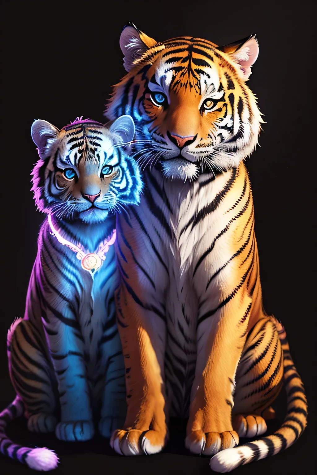 Colorful tiger drawing on a black background,, Breathtaking Rendering, In a shining connection, Inspired by Kinuko Y. Crafting,, Magical Elements, Kitten Icon, oh, Is beautiful, Cast a variety of spells, bright flash, flash
