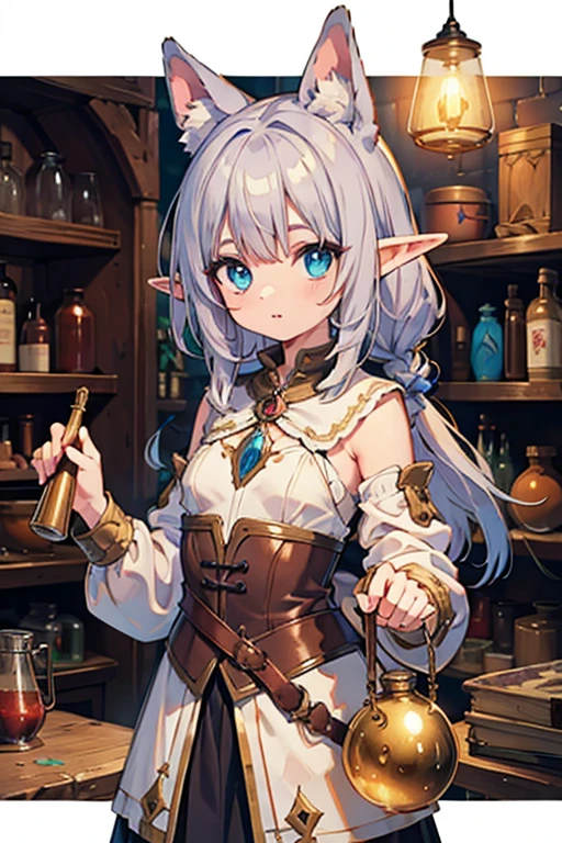 masterpiece, highest quality, Very detailed, 16k, Ultra-high resolution, Cowboy Shot, 1 Elf girl, Detailed face, Perfect Fingers, Elf Ears, Small breasts, blue eyes, Silver Hair, Braiding, No sleeve, Light clothing, (renaissance_alchemist_studio:1.0), (flask:1.0), (Magic:1.2), Mixing chemicals