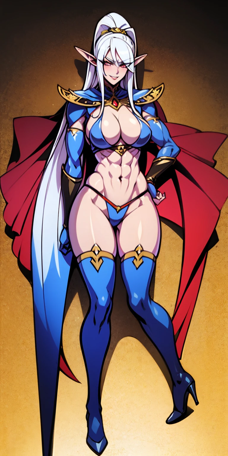 extremely long hair, ponytail, perfect anatomy 1 girl tall solo, slim thick, ((muscular)) high elf toned body, silver breast plate, blue cape, slendered abs, hourglass waist, detailed face, defined cheekbones, puffy lips, gauntlets, gold crown, shadow over eyes, looking at viewer, masterpiece, white thigh highs lingerie, lustful smirking smile face red blushed red cheeks, 2 high heels feet together