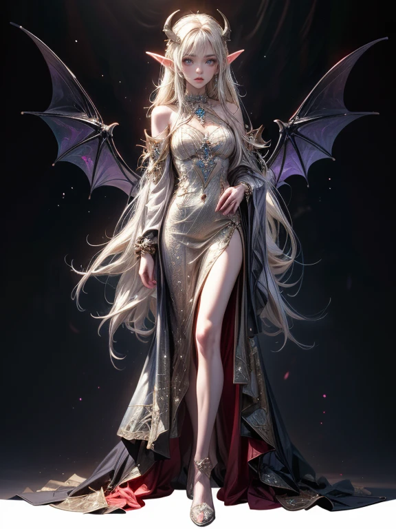 (anime face) (complex clothing details) (best quality) (masterpiece) female adult elf with dark blonde hair wearing a beautiful glowing dress with demonic Accessoires and gemstones and silver armor details, wearing a beautiful glowing dress with demonic Accessoires and gemstones and black silver armor details, demon horns, purple armor, full body, wizard dress, elven dress