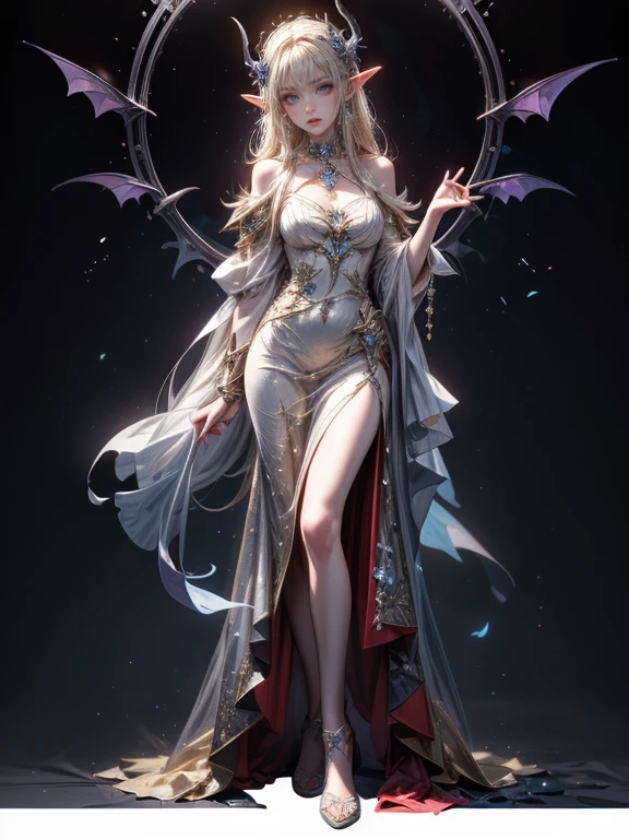 (anime face) (complex clothing details) (best quality) (masterpiece) female adult elf with dark blonde hair wearing a beautiful glowing dress with demonic Accessoires and gemstones and silver armor details, wearing a beautiful glowing dress with demonic Accessoires and gemstones and black silver armor details, demon horns, purple armor, full body, wizard dress, elven dress