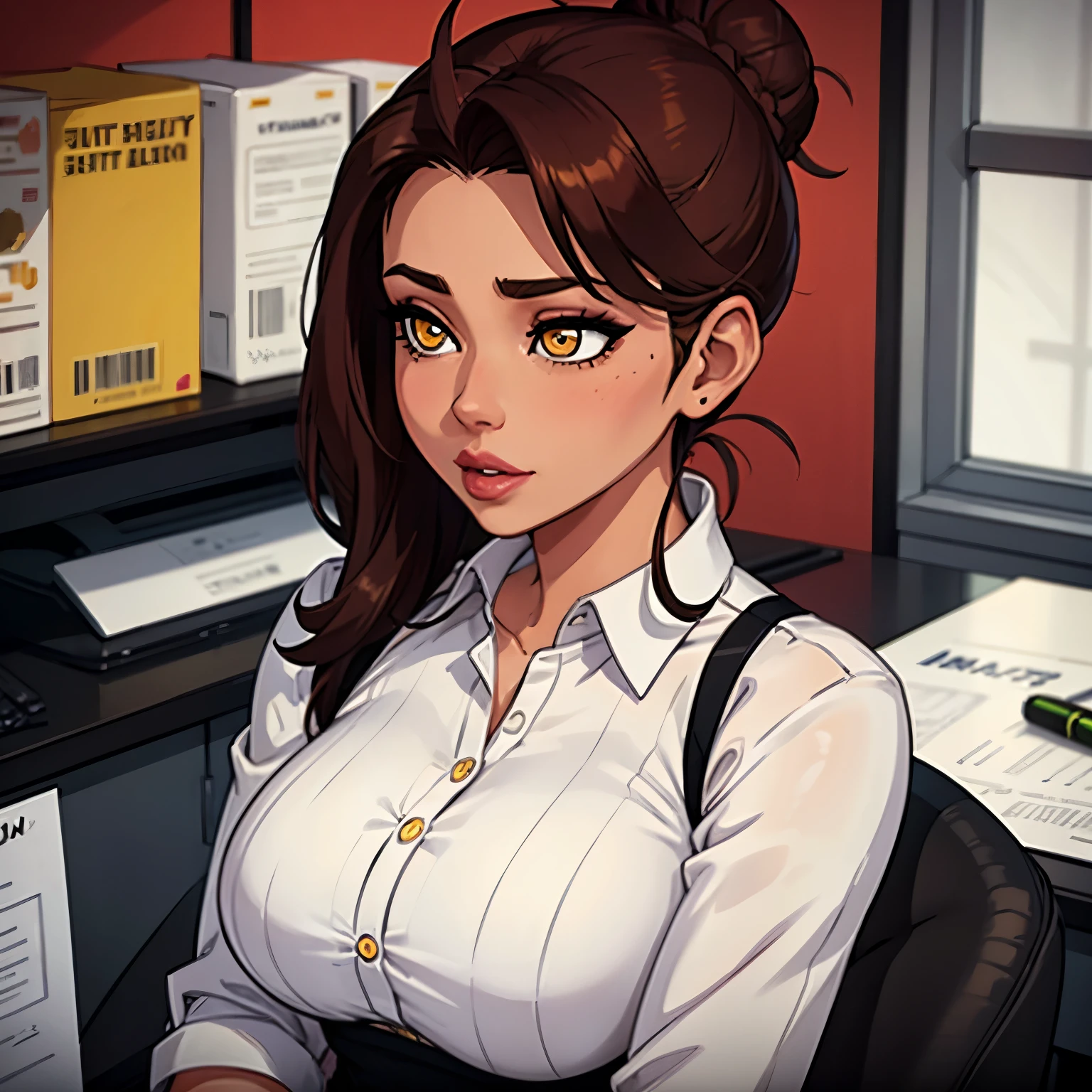 Female busty business woman, brown hair up in a bun, wearing makeup, wearing business outfit, sexy, cute, full lips, wearing lipstick, yellow clothing, brown eyes, beautiful scene,