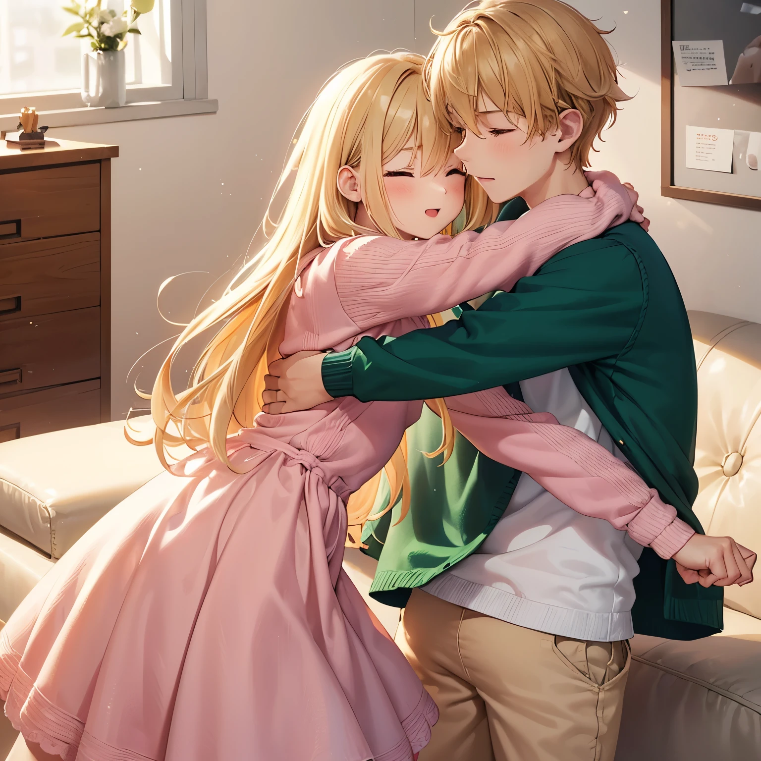 Couple,boy and girl,face to face,Big hug, big hug,In the living room, (girl with long blonde hair,Dusty pink dress, short dress, long sleeve dress, knitted dress, eyes closed)(boy with short blonde hair,Green shirt, white trousers, eyes closed, messy hair)