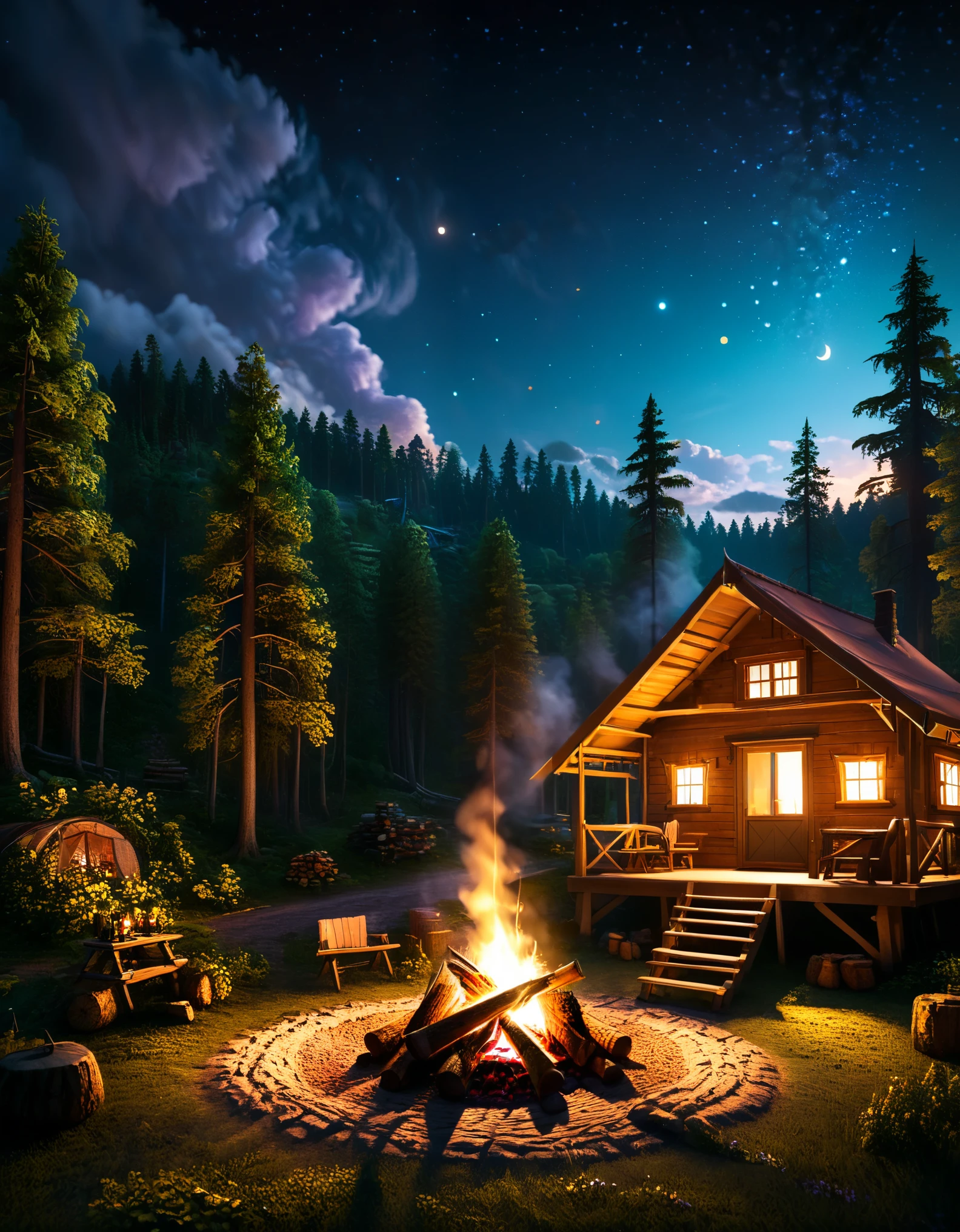 a magical glowing campsite at night, beautiful detailed night sky with stars, glowing campfire, warm cozy atmosphere, soft warm lighting, detailed wooden cabin, detailed forest landscape, cinematic composition, dramatic lighting and shadows, vibrant colors, fantasy art, concept art, award-winning digital art, octane render, unreal engine, 8k, high resolution, masterpiece