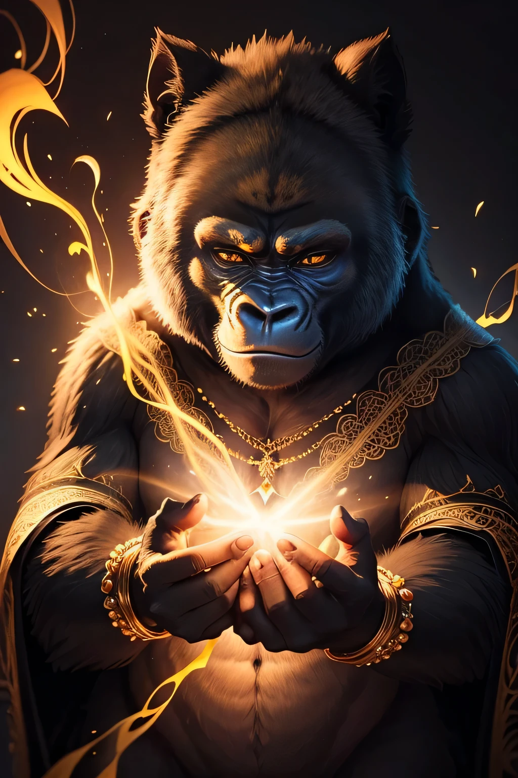 Colorful gorilla drawing on a black background,, Breathtaking Rendering, In a shining connection, Inspired by Kinuko Y. Crafting,, Magical Elements, Kitten Icon, oh, Is beautiful, Cast a variety of spells, bright flash, flash
