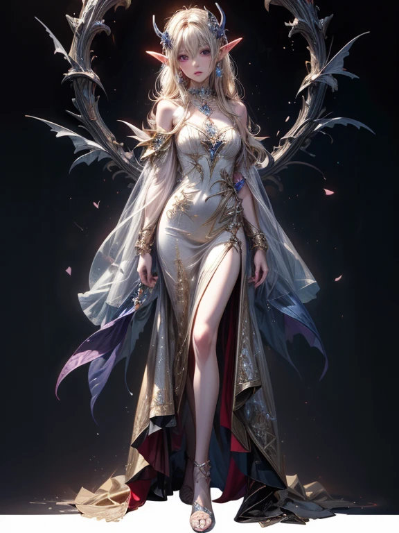 (anime face) (complex clothing details) (best quality) (masterpiece) female adult elf with dark blonde hair wearing a beautiful glowing dress with demonic Accessoires and gemstones and silver armor details, wearing a beautiful glowing dress with demonic Accessoires and gemstones and black silver armor details, demon horns, purple armor, full body, wizard dress, elven dress