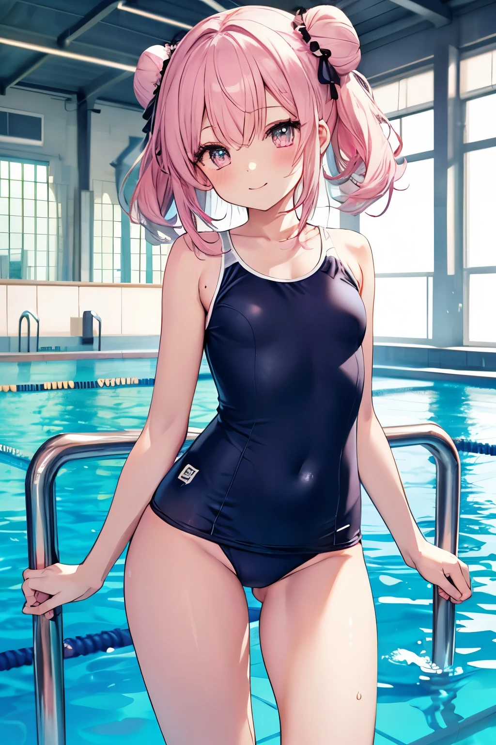 Pink Hair、ピンク目girl、Small breasts、Bun Hair、girl、Small breasts、ta、Bright smile、Looks about 15 yan Musume、short、目のhighlight、Sexy thighs、Wear a school swimsuit、Pool、Your eyes are so beautiful、highlight
