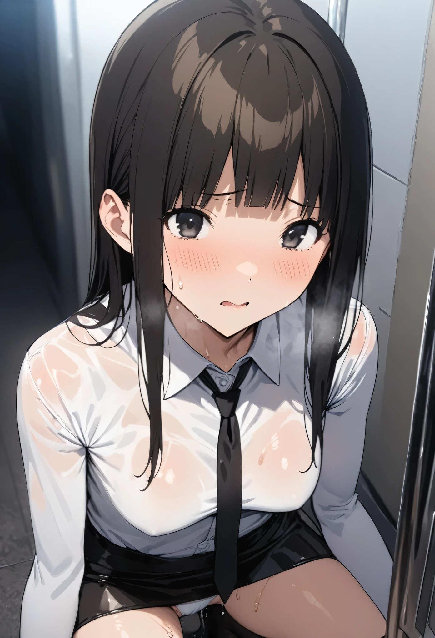 ((masterpiece, highest quality:1.3)),cowboy shot,25 year old beauty,solo,very small head,black hair,long hair,black eyes,blunt,skinny,medium breasts,long body,slender body,skinny,shiny skin,oily skin,sweat,shy,sad,,、Black tie、White long sleeve collared shirt、(Black tight mini skirt)、White panties、Wet crotch、Love juice、black_thighhighs、squatting,Shibuya Station、neon、at night、