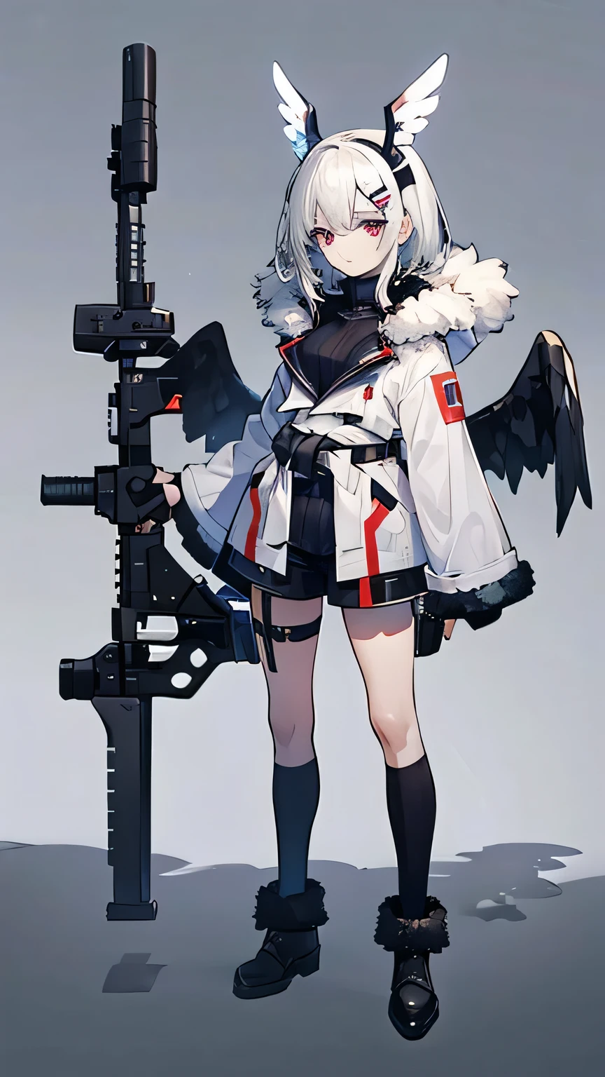 ((masterpiece, highest quality)), Detailed face, whole body, White Theme、Two angel wings from his waist、White background, Standing in the Wilderness,Very detailed, One girl、Two small wings on the head,Medium hair,white_hair,Colored inner hair,Hair Clip,turtleneck,Fur coat,Overcoat,Fur-trimmed sleeves,Short shorts,Thigh straps,Ankle socks,Ankle boots,Food,elongated pupils,Silver Eyes,Detailed and sophisticated,Absurd,深さ of field,Legwear with ribbon trim,He has a huge rifle