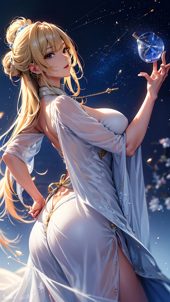 masterpiece, high quality, 4K, Beautiful design, silhouette,blonde, 非常に詳細な夜のStarry Sky,Glass Kingdom,Glass World,Glass Castle, wonderful, Finer details, Very knowledgeable woman, Highly detailed solo, 1 female,Big Breasts, Pure white dress,Night view,Starry Sky,