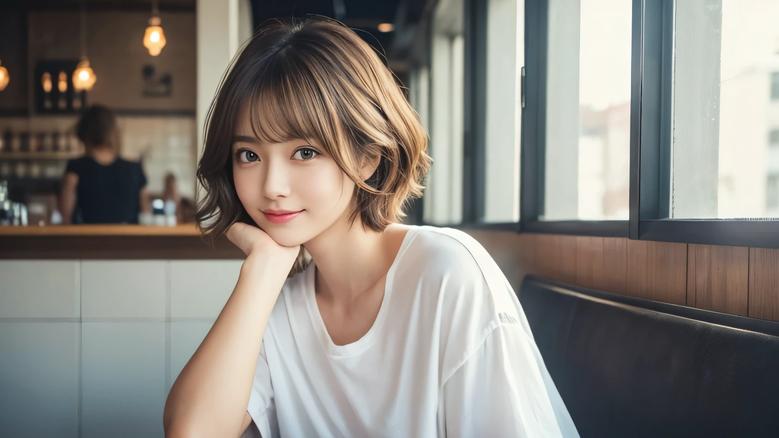 (highest quality,8K quality,masterpiece:1.3,),(超A high resolution:1.3,Photorealistic:1.4,RAW Photos:1.2),(Very detailed:1.2,Shiny skin,Fine skin:1.1),(Detailed face,Perfect Anatomy,Caustics:1.2),Stylish cafe,1 girl,cute,Japanese,22 years old,Natural brown hair,Curl short hair outward,cute目,Natural Makeup,Oversized T-shirt,Laughter,Looking at the camera,Shot in a café,Professional Lighting,Natural soft light,