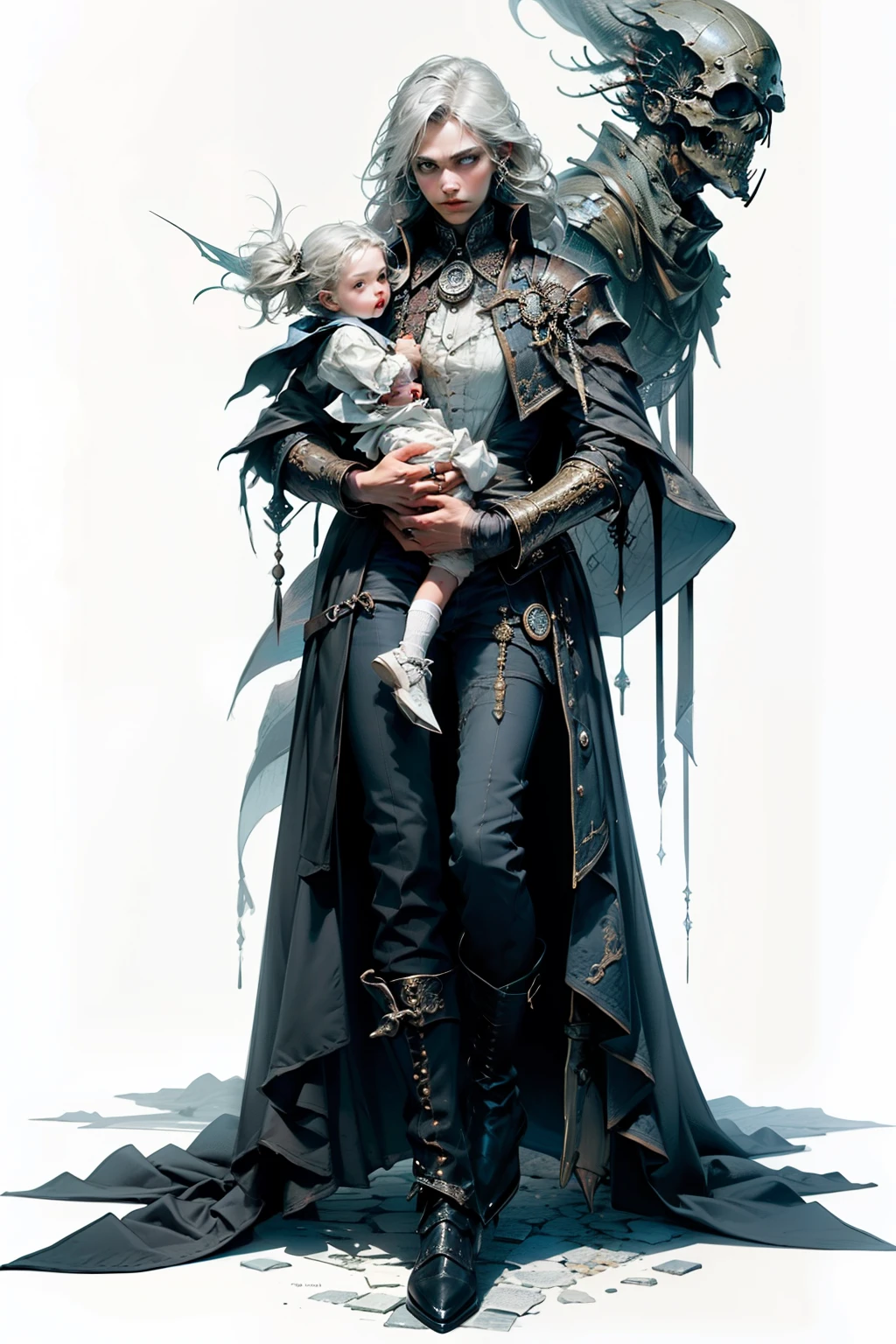 ((best quality)), ((masterpiece)), (detailed), perfect face, a mother cradling her , a knight, white background, plain background, Bloodborne inspired, Bloodborne attire, occult aesthetic, occult, red and white clothing detailed and intricate steampunk and detailed gothic, long coat, Complex laced boots, Silver hair swaying in the wind, white background, Very dramatic and cinematic lighting, full body, whole body, body, cosmic horror, grim dark, a mother cradling her , mother, , mother