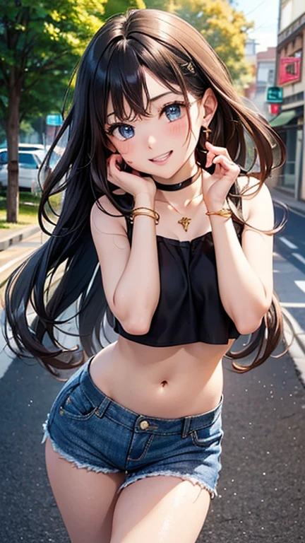 A girl is posing for a photo, cute***, Enchanting girl, 
(Black camisole, belly button, blouse, Denim shorts), Earrings、Black choker、Gold Necklace、 Gold Bracelet、

(((UHD)), ((highest quality)), ((masterpiece)), (Very detailed), (High resolution), (Beautiful detailed sparkle), (High detail), (Anatomically correct)), ((Realistic)), ((The best CG)), Ultra-detailed art, CG illustration, 16k, 1080P, Oil paints:1.2,   

(((One Woman))), 
(Symmetrical facial features:1.4, Perfect Face), Beautiful clavicle, (Beautiful fingers), (Beautiful breasts, (Ｄcup)), 
Beautiful body, Beautiful thighs, Beautiful feet, Perfect round butt, (((Detailed skin, Oily skin, Textured skin, Beautiful Skin))), 

(((Baby Face, cute, ************))), 
(Droopy eyes, Expression of fine eyes, Beautiful and delicate eyes, Sparkling eyes, Eye Reflexes, Dark blue eyes), 
(Beautiful Nose,Thin Nose), 
(Glossy Lips, Beautiful Lips, thick lips), 

(Beautiful Hair, Shiny Hair, Shiny Hair), Hair fluttering, (Black Hair, twin drills, Wavy Hair, Long Hair), 

(smiley, laughing, blush),  
BREAK 
(noon、(Town, Tree-lined street)), ((Aggressive Pose、Dynamic Pose, Upward glance, Cowboy Shot))
