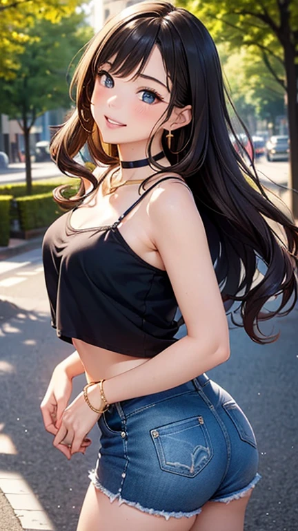 A girl is posing for a photo, cute***, Enchanting girl, 
(Black camisole, belly button, blouse, Denim shorts), Earrings、Black choker、Gold Necklace、 Gold Bracelet、

(((UHD)), ((highest quality)), ((masterpiece)), (Very detailed), (High resolution), (Beautiful detailed sparkle), (High detail), (Anatomically correct)), ((Realistic)), ((The best CG)), Ultra-detailed art, CG illustration, 16k, 1080P, Oil paints:1.2,   

(((One Woman))), 
(Symmetrical facial features:1.4, Perfect Face), Beautiful clavicle, (Beautiful fingers), (Beautiful breasts, (Ｄcup)), 
Beautiful body, Beautiful thighs, Beautiful feet, Perfect round butt, (((Detailed skin, Oily skin, Textured skin, Beautiful Skin))), 

(((Baby Face, cute, ************))), 
(Droopy eyes, Expression of fine eyes, Beautiful and delicate eyes, Sparkling eyes, Eye Reflexes, Dark blue eyes), 
(Beautiful Nose,Thin Nose), 
(Glossy Lips, Beautiful Lips, thick lips), 

(Beautiful Hair, Shiny Hair, Shiny Hair), Hair fluttering, (Black Hair, twin drills, Wavy Hair, Long Hair), 

(smiley, laughing, blush),  
BREAK 
(noon、(Town, Tree-lined street)), ((Aggressive Pose、Dynamic Pose, Upward glance, Cowboy Shot))
