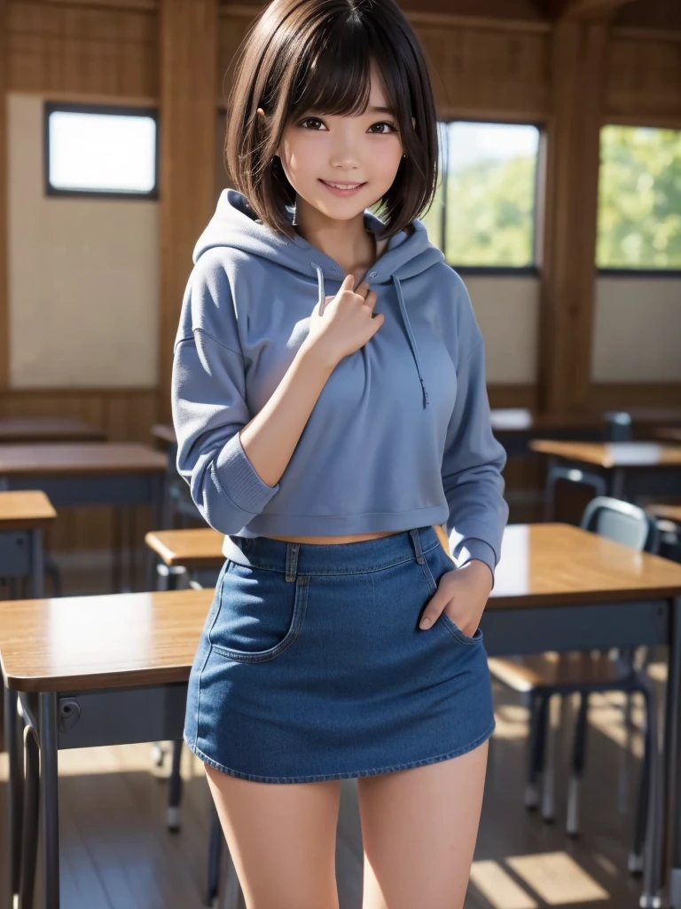 (8k, RAW Photos, highest quality), Stand in the classroom of school, (((((((One woman))))))), ((Brown Hair)), ((Short Bob Hair)), ((Detailed eyes)), ((Long, slender legs)), ((smile)), (((Blue hoodie))), ((Denim micro mini skirt)), Asymmetrical bangs, 少しのsmile, Thighs, knees, ((Put your hands on your hips and stick out your chest))，pretty girl，Slender girl
