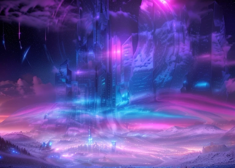Masterpiece, 12k, uhd, photorealistic, a ultra beautiful suggestive landscape, with snow hills, snow land, futuristic metropolis in background, with skycrapers, night sky with stars, pink boreal aurora in the sky, light neon effects, cyberpunk dreaming atmosphere, (3D rendering buildings), seems real, blue and pink sky and snow colors