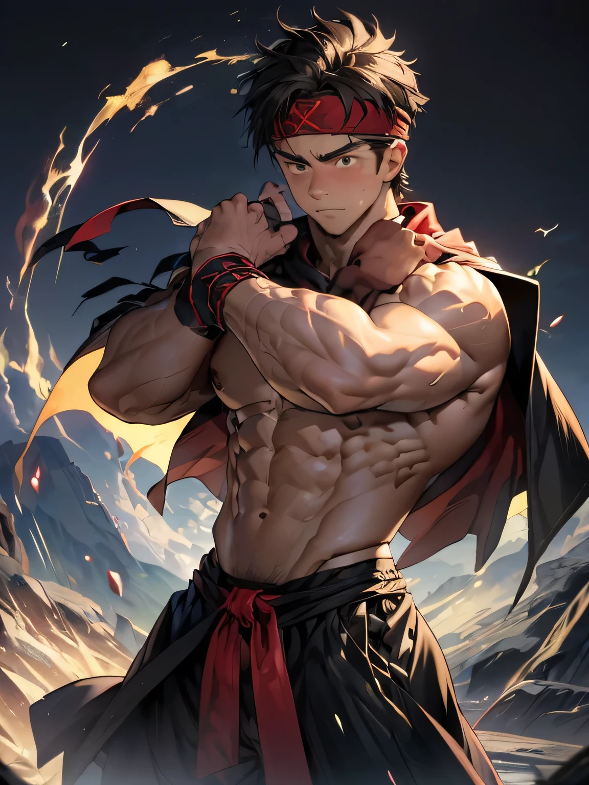 (Masterpiece, Best quality 19 year old boy, black background, looking away), solo, Young, boy, muscler, Shirtless, topless, (Dark Short straight hair, under cut, brown eyes), (red headband, ((black wristband, blown long cloak))), Vivid colors, (hot Abs:1.2, abs!, big abs, big breast:1.2, chest!, muscler upper arms), (topless male), muscler!, muscler, muscler body, (aura power:1.4), detailed face, detailed muscle, (((A magical mystical aura, rippling muscles, fighting pose)))
