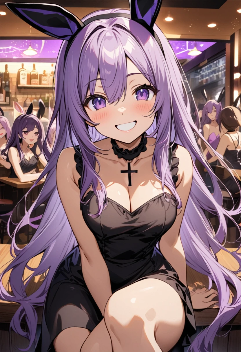 Bunny girl with cat ear cleavage, cute female, , laugh, purple hair, long hair, eyes, dark purple eyes, light skin, l black dress shoes smiling background of a bar restaurant with people sitting cross-legged looking at the viewer view entire
Show parameters