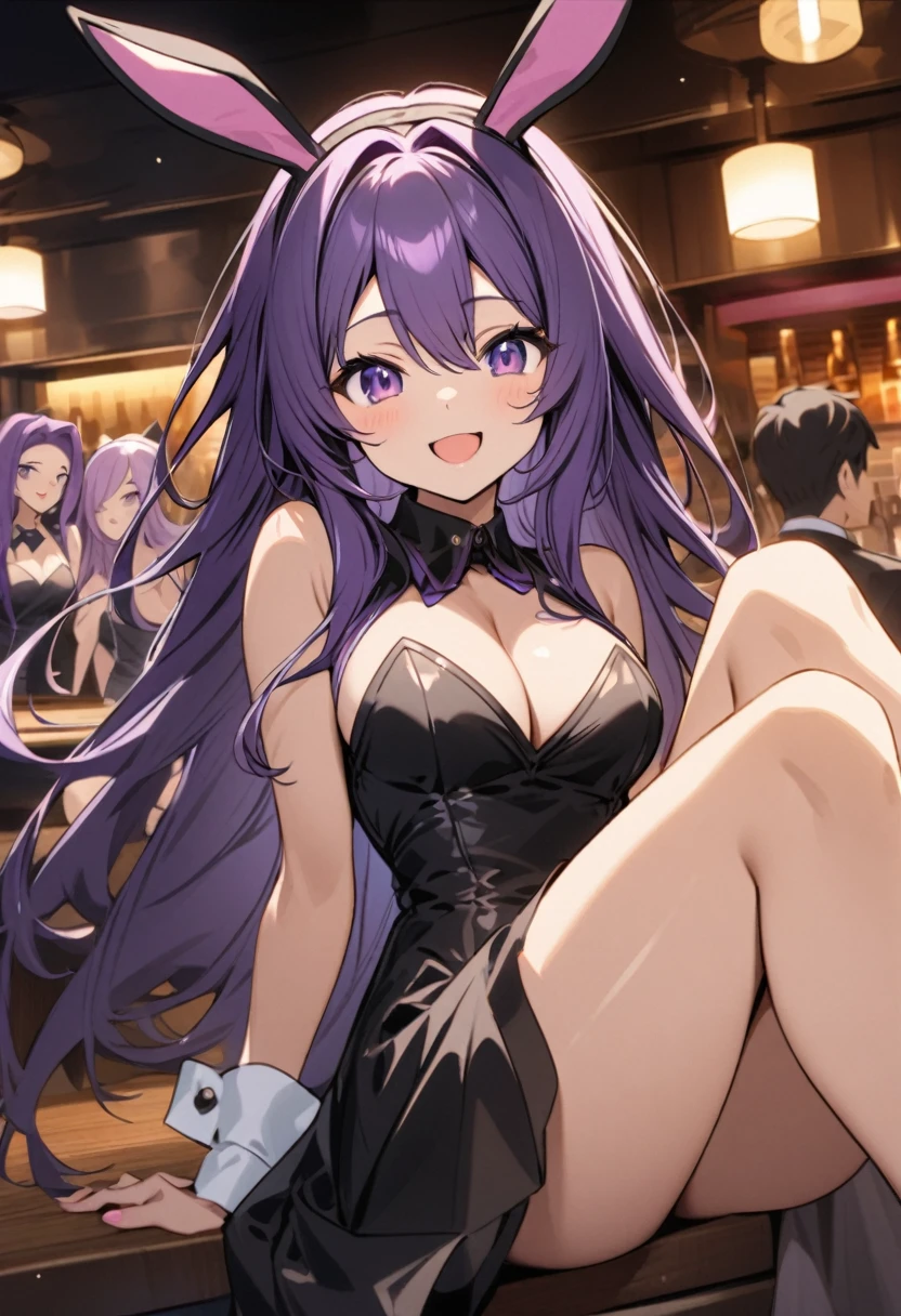 Bunny girl with cat ear cleavage, cute female, , laugh, purple hair, long hair, eyes, dark purple eyes, light skin, l black dress shoes smiling background of a bar restaurant with people sitting cross-legged looking at the viewer view entire 

   Show parameters