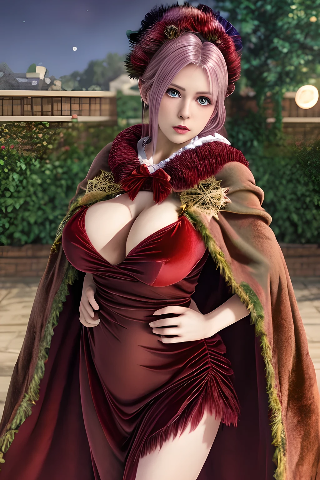 1girl,(RED theme: 1.2), (Velvet fabric nightgown: 1.2), (Koch snowflake cloak: 1.5), ,garden,moon,huge breasts,lactating,(lip gloss),(masterpiece), best quality, (real life portrait photography:1.5),unltra detailed,8K,Shot with a professional-grade camera like the Nikon D850,every intricate detail is captured, from the subtlest expression to the glimmer of anticipation in her eyes,Focus on thighs and above,solo,  elise,