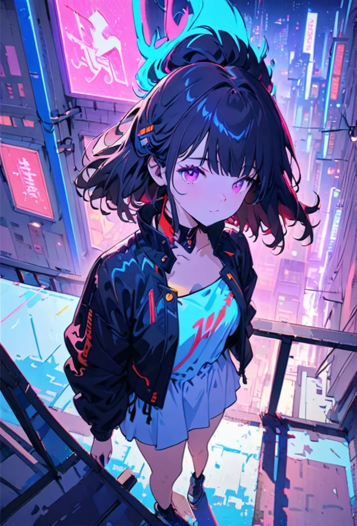 masterpiece,best quality,1 synth wave style girl,blue outline,streets with neon lights,blue fluorescent coatings,solo,from above,cowboy shot,sitting on the top of the building,extremely detailed CG,flat color,limited palette,noline art,silhouette,partially colored,alternate color,dynamic angle,blue long upper shan,dark violet shadow,synth wave,chromatic aberration,(solo focus),perfect shadow,wearing an off- shoulder floating jacket,delicate face,bare shoulder,beautiful and delicate eyes,delicate background,blue neon light,