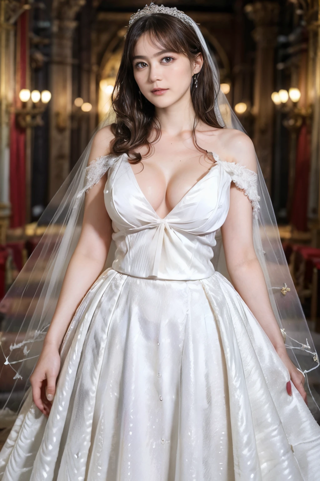 (RAW photo), (Realistic), (photo-realistic), ultra high resolution, masterpiece, highest quality, portrait, facial portrait, perfect lighting, detailed lighting, dramatic shadow, ray tracing, 1 Japanese beautiful young lady, 20 years old, beautiful princess, perfect ???????, ((Voluptuous body:1.2)), cleavage, symmetrical eyes, beautiful detailed brown eyes, chubby lips, big tits, big ass, big thick thighs, abs, muscle, shortcut messy hair, black hair, half open mouth, looking at viewer, ((wearing a medieval gorgeous white dress:1.5)), ((tiara:1.2)), ((in medieval church)), (((standing pose))),