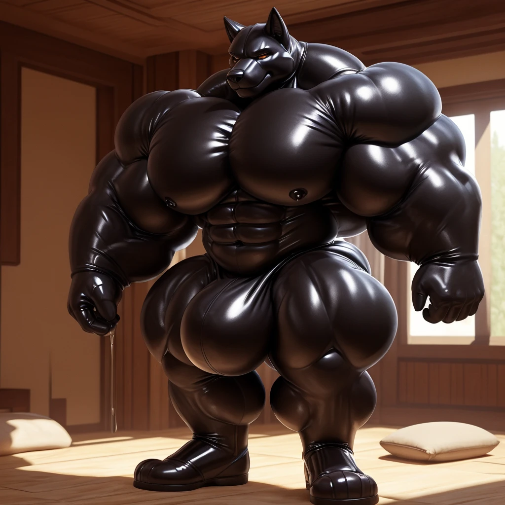 solo, male, , , ,  (hyper pecs:1.2), （long thick thighs:1.5）, standing, indoor,，(，,(,solo,very hyper muscles:1.3)((, Huge bulge：1.3))）（corruption)), black glowing liquid，（((liquid_latex, , rubber:1.2)，,black latex，goo transformation，(gooey)()(l）,wolf，unreal engine,perfect light，detailed, photorealistic, 4k, hd, , , , good anatomy, , (), ,, high quality, best quality, concept art, photorealistic, octane rende