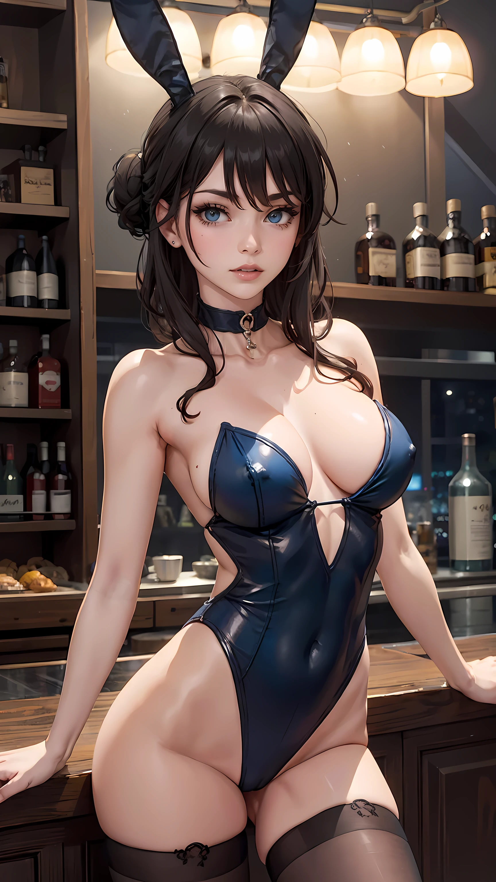 Beautiful brunette hair woman is shown to have a y figure, she is wearing a nsfw planny outfit, pantyhose,boy bunny eoker, flirty look, hairbun, blue eyes, girl in a night time bar ,sexy session, sexy poscowboy shot, srior quality, many details, anime style