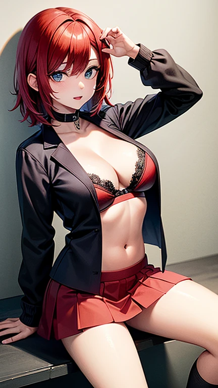 An anime girl with red hair and blue eyes wearing a skirt and an open shirt revealing a black and red bra