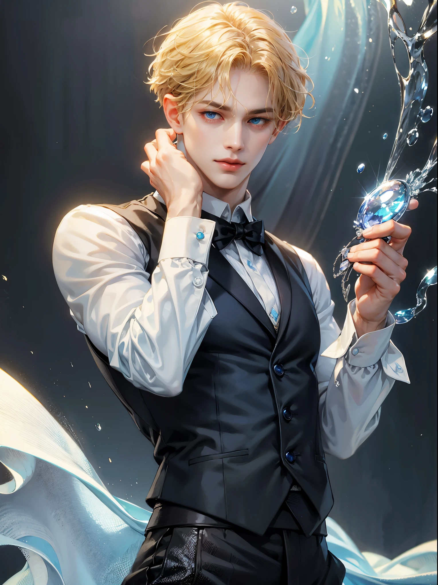 A boy, short blonde hair, wavy hair. Sky blue eyes. He wears white shirt with black vest. Handsome guy, detailed eyes, detailed face, detailed hands, he looks at the viewer. Full figure. Background a rainbows