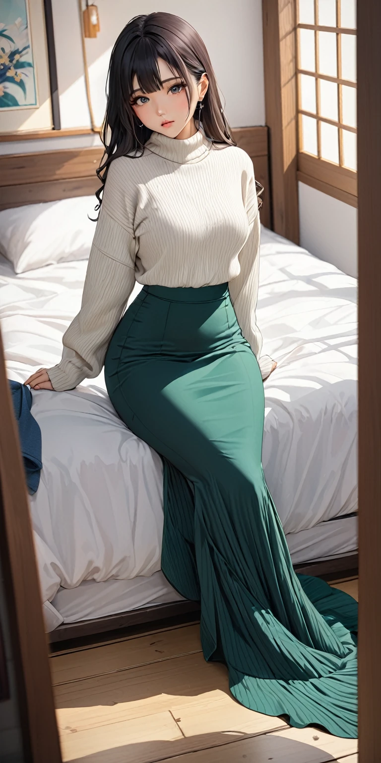 (masterpiece,highest quality,超A high resolution),Japanese women, (((Very beautiful 25 year old girl))),(Mermaid-style high-waisted long skirt)、The length of the skirt is up to the ankle、The skirt fits snugly to the body、Long sleeve sweater