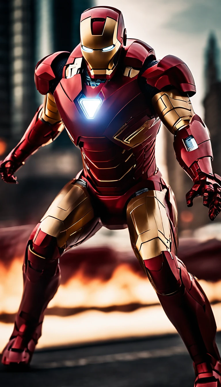 Iron Man with his state-of-the-art red armor with his jet thrusters flying through New York City