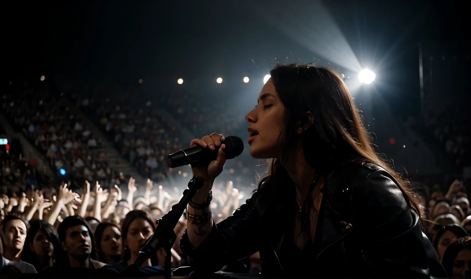 
rock singer in the shadows of a stage at a crowded concert