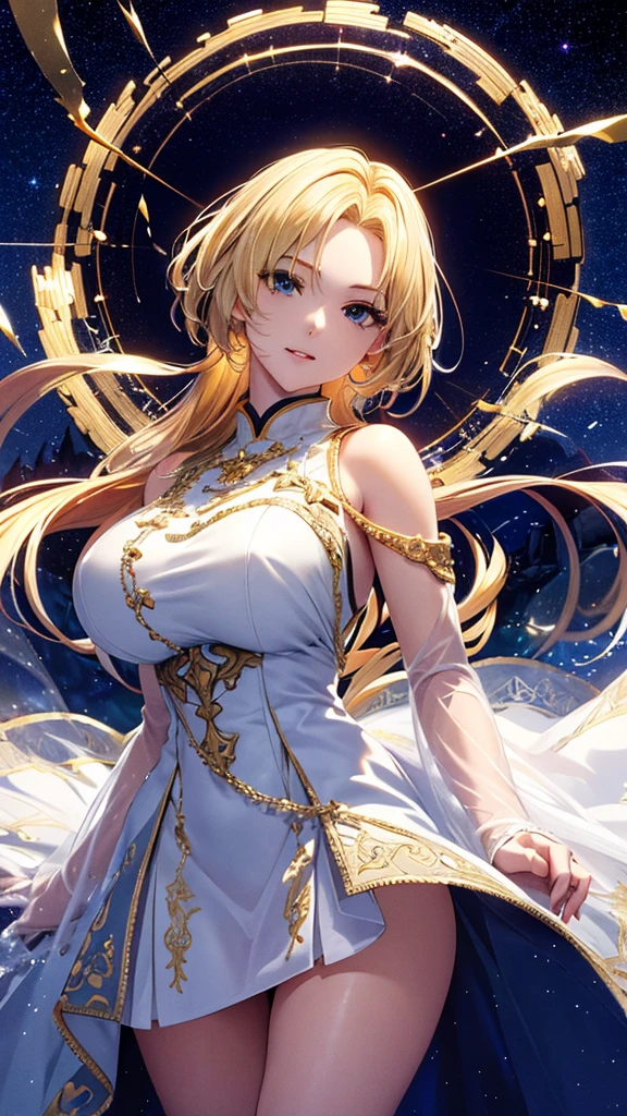 masterpiece, high quality, 4K, Beautiful design, silhouette，blonde， 非常に詳細な夜のStarry Sky,Glass Kingdom，Glass World，Glass Castle， wonderful, Finer details,  Very knowledgeable woman, Highly detailed solo, 1 female,Big Breasts， Pure white dress，Night view，Starry Sky，